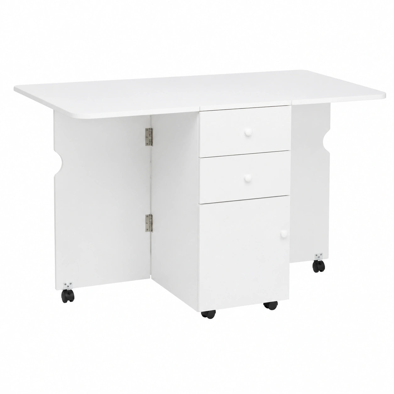 Tavolo da Cucina a Ribalta Pranzo Pieghevole 120 × 80 × 75 cm Bianco, 2 Cassetti, Armadietto ad Ante, 6 Ruote, in Truciolato