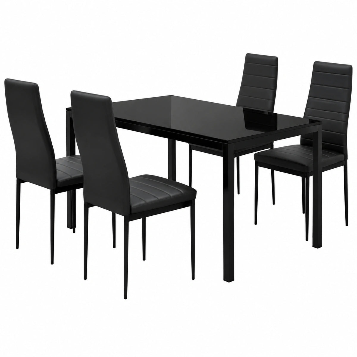 Sedie in ecopelle nera con piano in vetro temperato e telaio in ferro, set da pranzo compatto completo per soggiorno e sala da pranzo, moderno