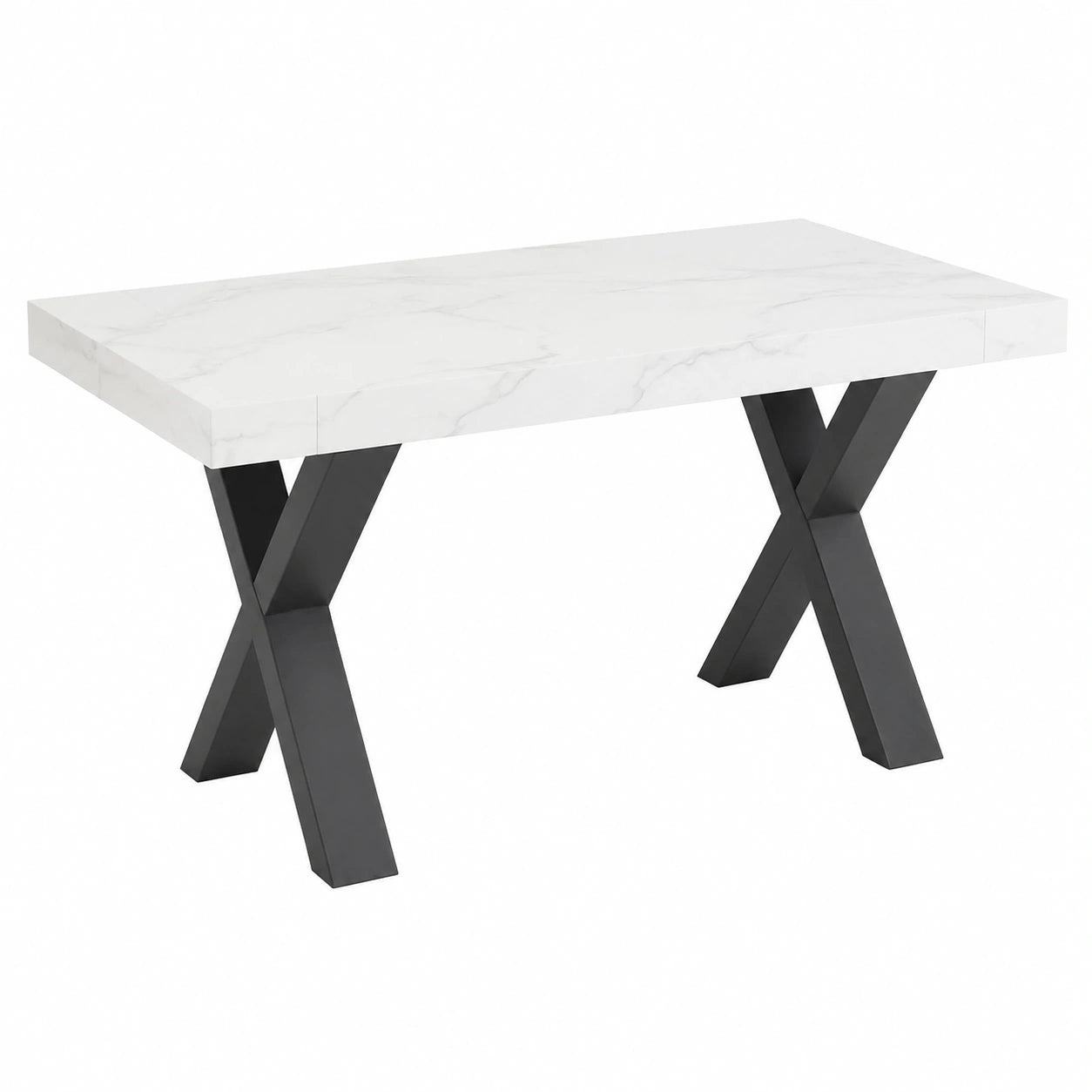 Tavolo da pranzo Oliver allungabile moderno in legno Effetto MARMO BIANCO con gambe a X antracite, elegante per sala soggiorno (180, 240 × 90 cm)