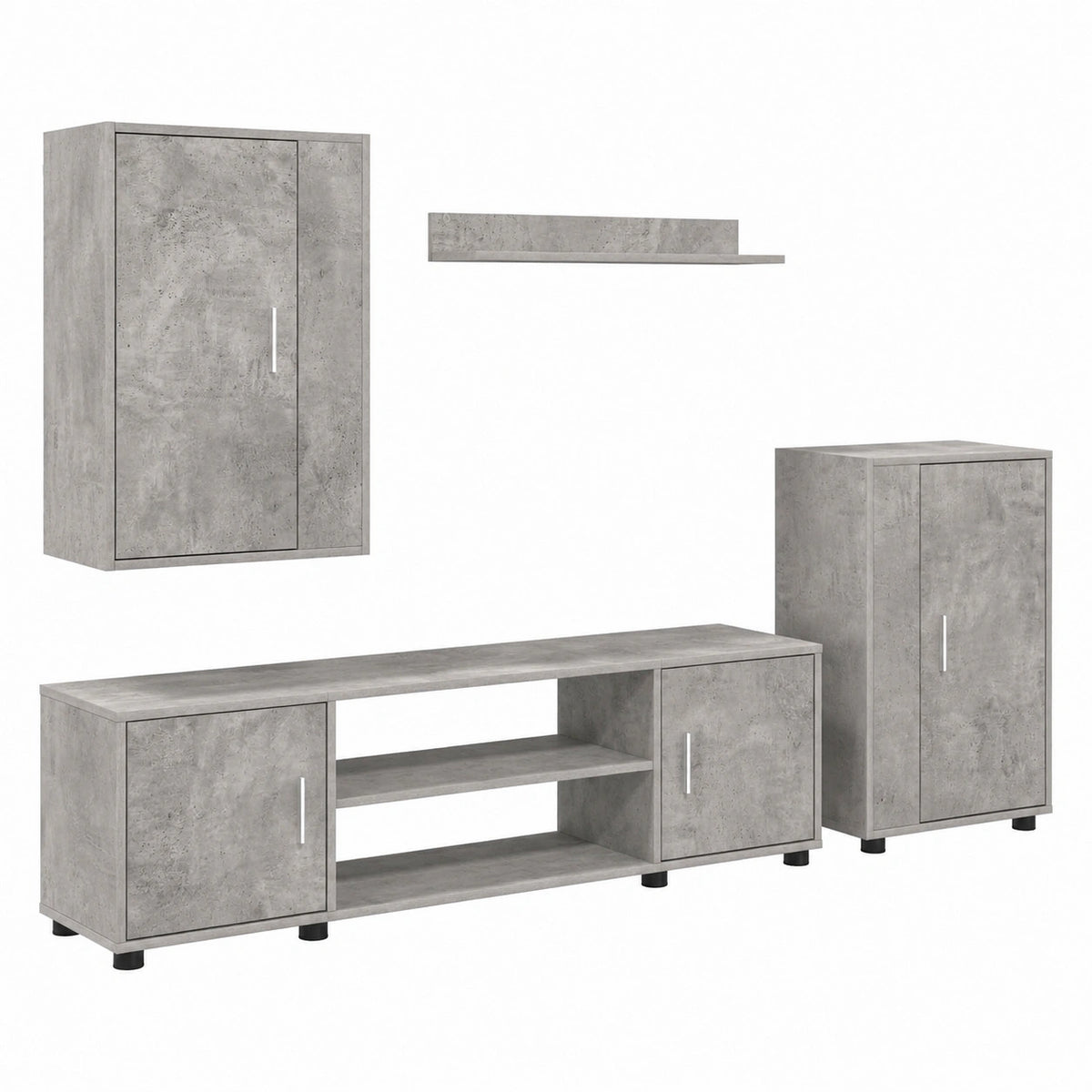 Set di mobili per TV da parete, 4 pezzi, grigio cemento, moderno set di mobili per TV in legno con Lowboard, pensile e mensola da parete per soggiorno