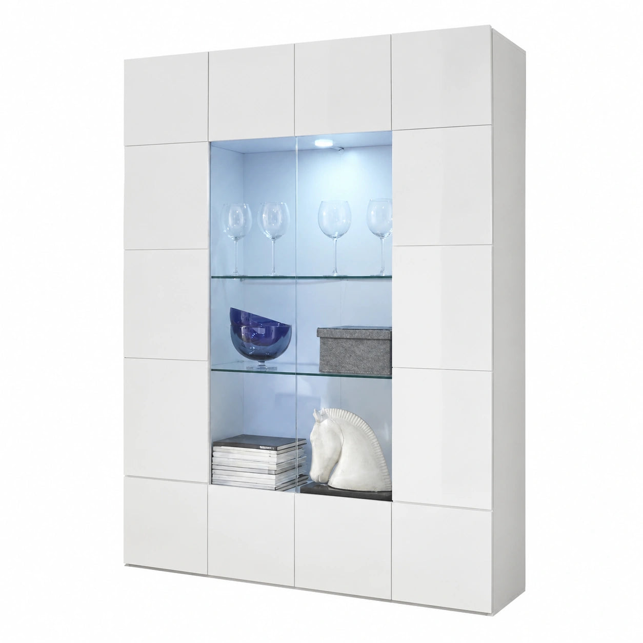 Vetrina con Ante e Cassetti in Italy, Credenza Contenitore Collezione Dama per Soggiorno Cucina Ingresso Sala da Pranzo Mobile Moderno Bianco Lucido